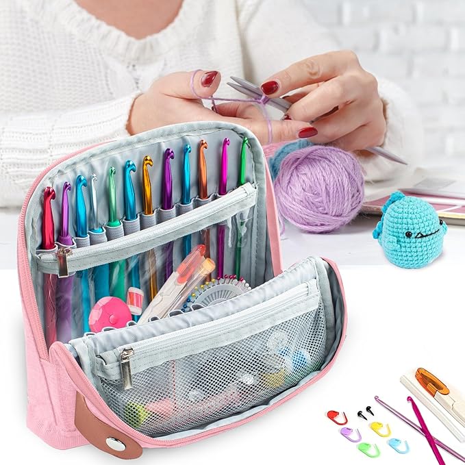 MYBAGZING Empty Crochet Hook Case, Stand-Up Waterproof Crochet Organizer with Multiple Pockets, Portable Storage Holder for Knitting & Crochet Accessories (Case Only)