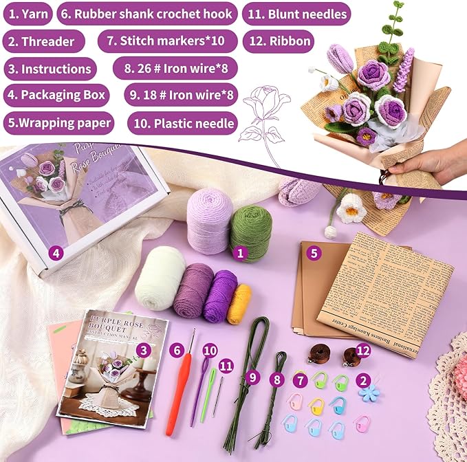 Kogyxe Crochet Kit for Beginners, Purple Rose Crochet Flowers for Adults with Step-by-Step Video Tutorials, DIY Crochet Bouquet Kits Knitting Supplies Include Floral Wire, Newspaper