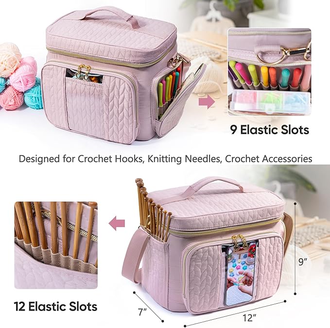 Crochet Bag Organizer - Yarn Bags for Crocheting - Crochet Storage Bag with Pockets for Crochet Hooks, Crochet Accessories - Yarn Organizers - Yarn Holders for Crocheting - Knitting Bags