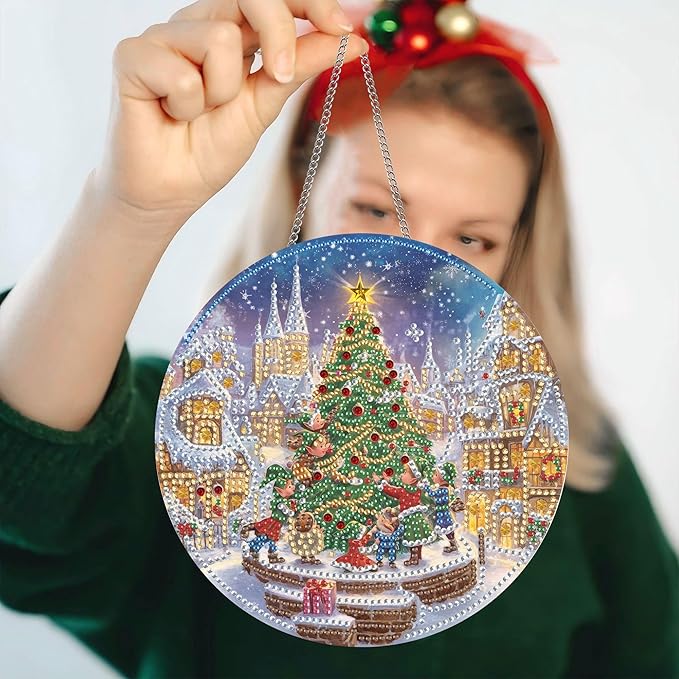 Pavemlo Hanging Diamond Art Kits for Adults Christmas Tree – 8x8 Inch Double-Sided Acrylic Board DIY Crystal Diamond Suncatcher Pendant, Sparkling Home Wall or Window Decoration Handmade Gifts