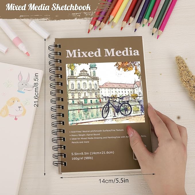 4 Pack Mixed Media Sketchbook, 5.5x8.5 inches Drawing Paper Sketch Book, 98lb/160gsm Heavyweight Spiral Bound Sketch Pads, Suitable for Artist, Drawing, Painting, Sketching(200 Sheets)