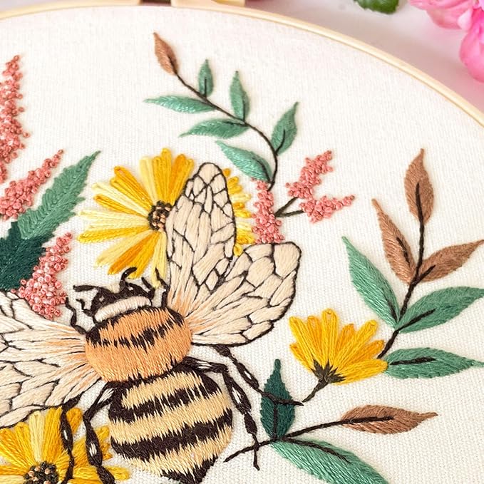 Myfelicity Embroidery kit for Adults, 3-Piece Bee and Butterfly Floral Designs, Including Tools Handmade Embroidery Hoop Art Set (Yellow)