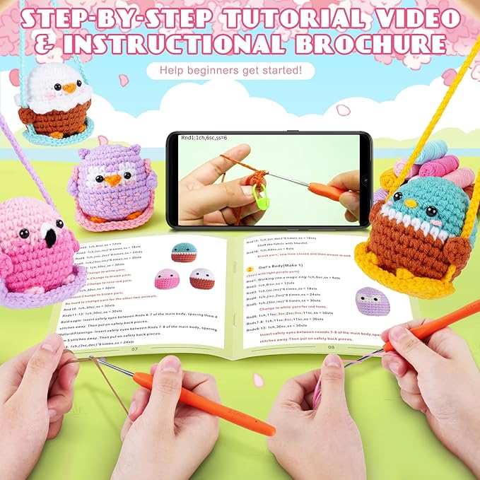 Crochet Kit for Beginners -4 PCS Bird Crochet Kits with Step-by-Step Video Tutorials, Beginner Crochet Kit for Adults, Crochet Birds On The Swings(Mallard Bald Eagle Flamingo Owl)