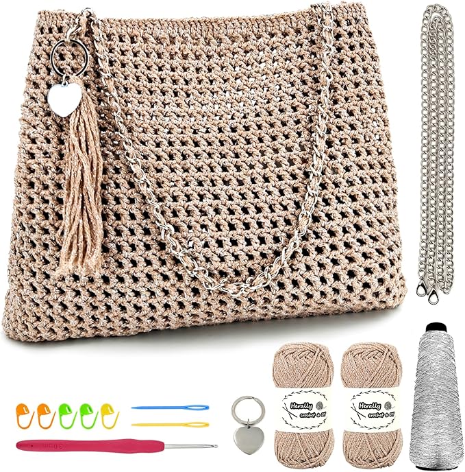 Herally Crochet Kit DIY for Beginners - Include Yarn, Hook and Accessory - with Step by Step Video Tutorials - Shining Tote Bag (Light Brown)