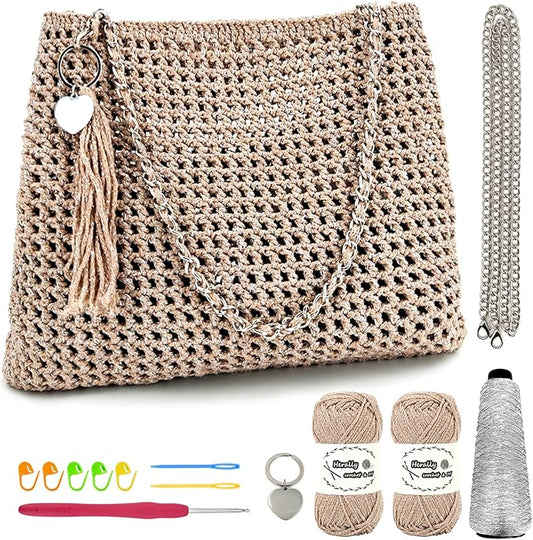 Herally Crochet Kit DIY for Beginners - Include Yarn, Hook and Accessory - with Step by Step Video Tutorials - Shining Tote Bag (Light Brown)