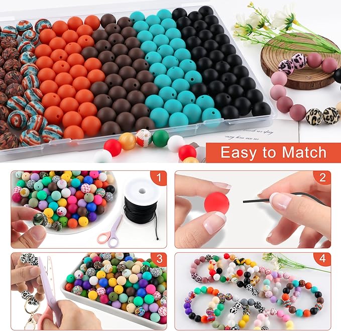 150Pcs Mixed Color 15mm Silicone Beads for Keychain Making, Turquoise Orange Black Print Silicone Beads for Pens and Bracelet Jewelry Making