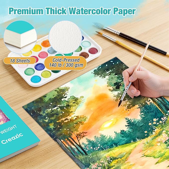 Creazic Watercolor Paper Pad, 9"x12" Water Color Paper (140lb/300gsm, 18 Sheets) - Artist Grade for Watercolor, Acrylic, Gouache & Drawing - Art Sketchbook, Watercolor Journal for Adults & Kids, Teal