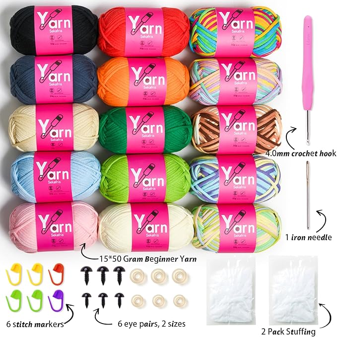 15 Pack Crochet Yarn Beginner - Black, White, Orange, Red, Green, Rainbow, Pink, Yellow Cotton Chunky Yarn - with Easy-to-See Stitches for Crocheting (15 * 50g)