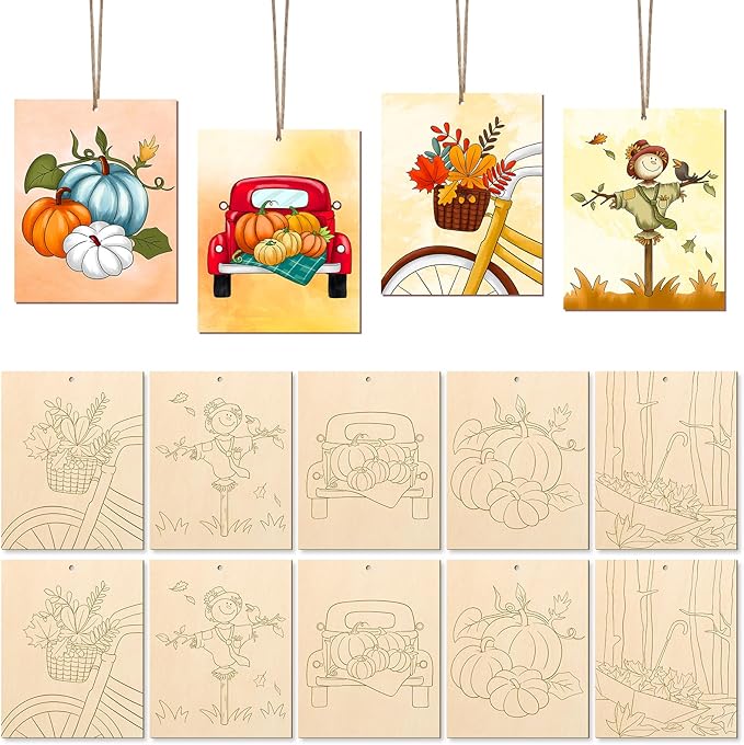 COCHIE 10PCS Large Fall Unfinished Wood Crafts to Paint for Adults, Bulk Predrilled Wooden Ornaments for Painting, Pumpkin Scarecrow Maple Leaf Paintable Wood Slices Craft Supplies with Ropes