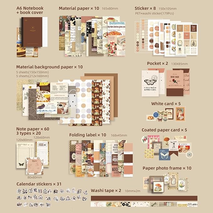 348 Pcs Scrapbooking Supplies Kit, Vintage Aesthetic Scrapbook Kit for Bullet Junk Journal, Stationery, A6 Grid Notebook, DIY Journaling Supplies, Birthday Craft Gift for Teen Girl Kid Women