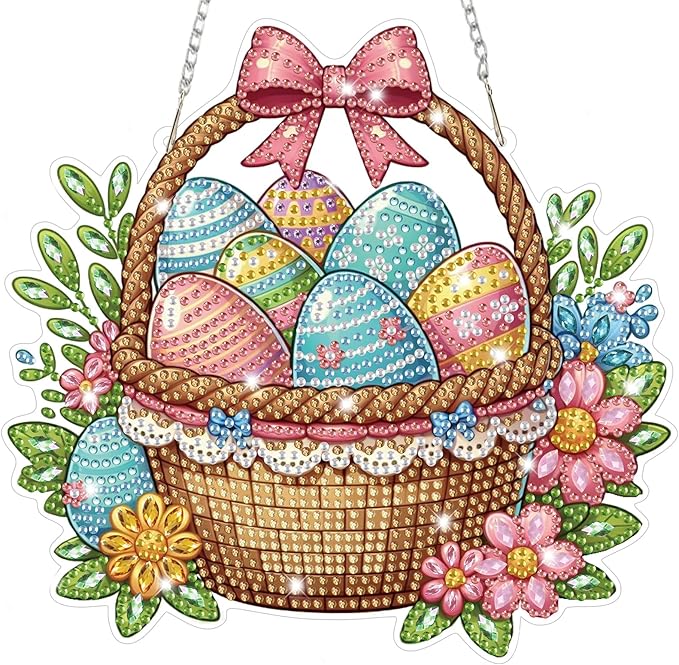 Bowetile Easter Diamond Art Hanging Kits for Adults, Diamond Art Suncatchers Easter Eggs Basket, 5D Special Shape Diamond Painting Pendant Window Ornament Gifts for Home Wall Door Decor