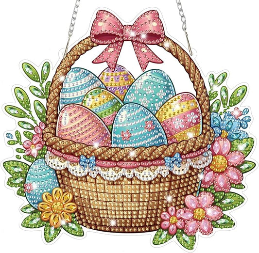 Bowetile Easter Diamond Art Hanging Kits for Adults, Diamond Art Suncatchers Easter Eggs Basket, 5D Special Shape Diamond Painting Pendant Window Ornament Gifts for Home Wall Door Decor
