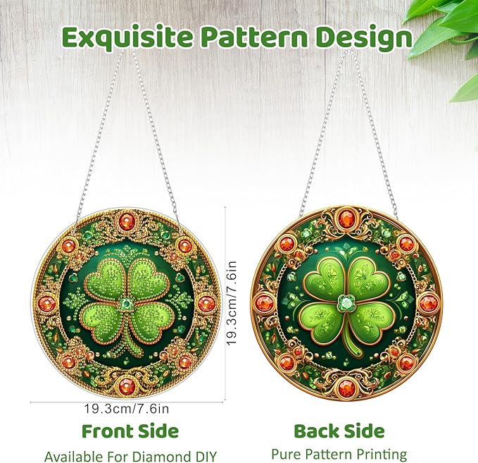 MEIYUDA St. Patrick's Day Hanging Diamond Art Kits for Adult, Lucky Four-Leaf Clover Diamond Painting Kit Ornaments, DIY Special Shaped Rhinestone Window Pendant Kit for Home Garden Wall Decor Gift