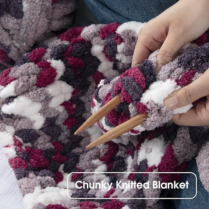 HOMBYS Chunky Tie Dye Mix Chenille Yarn for Hand Knitting, Super Bulky Jumbo Yarn for Crocheting, 3/4" Thick Soft Plush Yarn for Blankets, 8 Skein Pack (26 yds / 7.5 oz Each) Wine Red Grey White