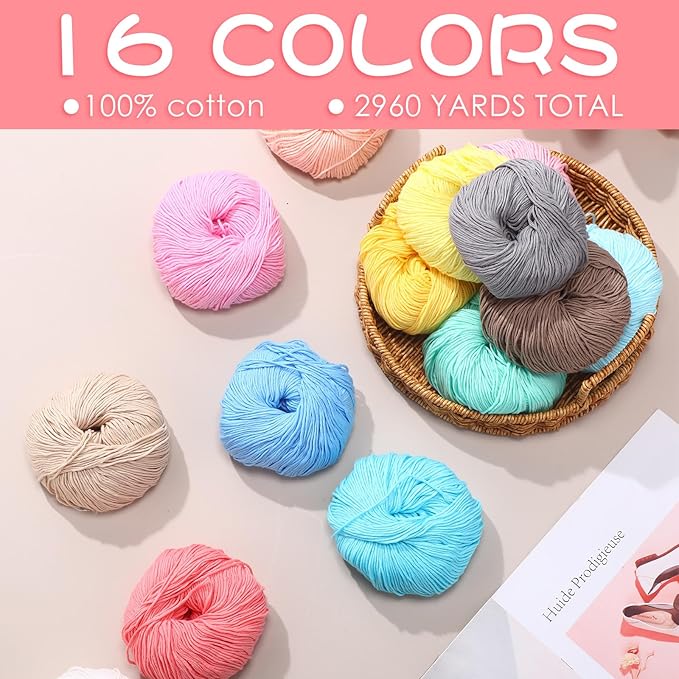 16 Skeins Cotton Yarn for Crocheting Knitting Soft Fine Clothes Cotton Blankets Yarn Bulk Assorted Colors for DIY Craft, Each 50g/185yard, 16 Colors(Stylish Colors)