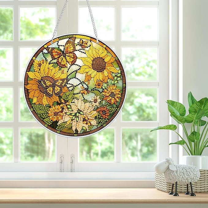 Bowetile Sunflower Diamond Art Hanging Kits for Adults, 5D Special Shape Diamond Painting Butterfly Pendant Kits, Animal Gem Art Suncatchers Painting Ornament for Home Garden Wall Decor