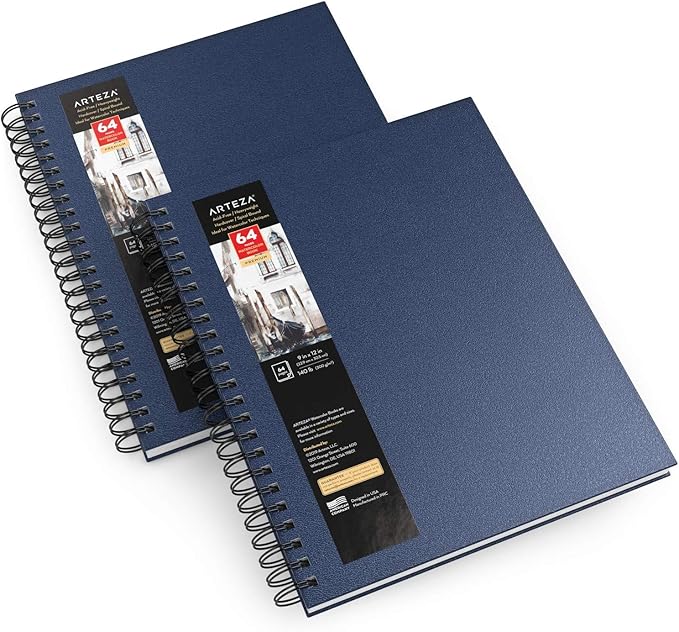 ARTEZA Watercolor Sketchbook 2-Pack, 9x12 Inches – 64 Pages Each, Cold Press 140 lb Paper, Spiral-Bound Hardcover Journal for Artists & Mixed Media