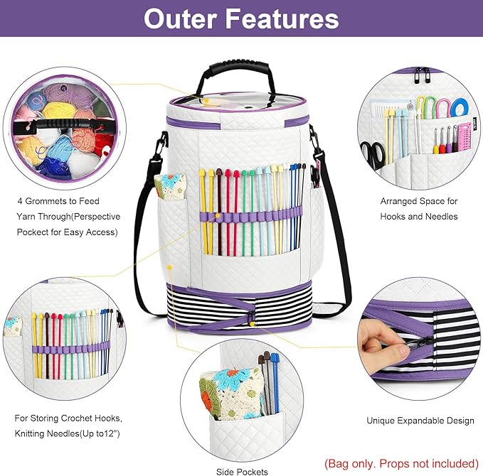 IBFUN Crochet Yarn Knitting Bag 3PCS - Expandable Yarn Storage Organizer Crocheting Bag with Accessories Cases Adjustable Strap for Hooks, Needles, Accessories, Crochet Lovers, Supplies, Beginners