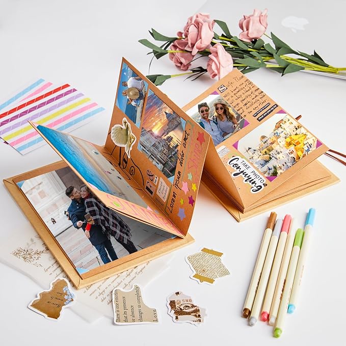 Scrapbook Album 6x8 Inch Small Photo Album with DIY Accessories Set, Stretchable Folding Kraft Paper Memory Book for Wedding Anniversary (Brown)
