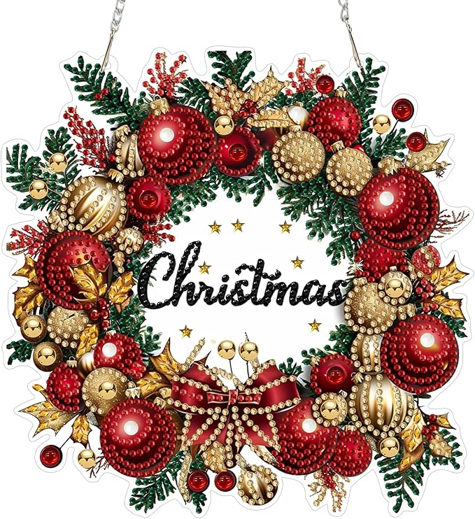 SENQAO Christmas Wreath Diamond Art Hanging Kits for Adults Beginners, DIY Acrylic 5D Special Shaped Crystal Diamond Gem Art Painting Hanging Ornament for Home Wall Decor and Gift