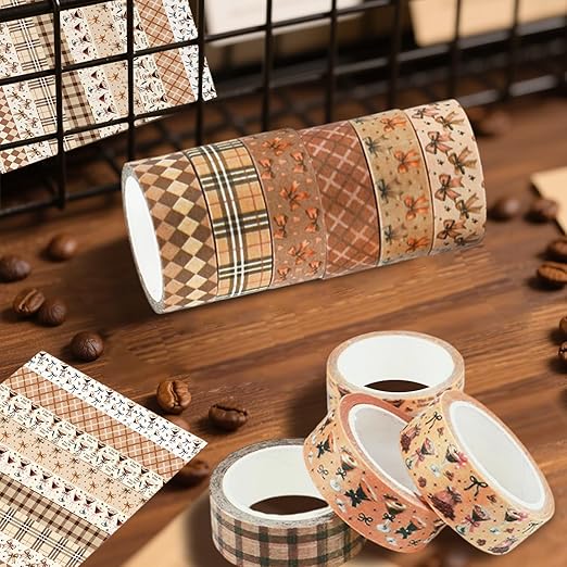 12 Rolls Martini Washi Tape, Vintage Brown Checkered Bow Masking Tape, Martini Coffee Decorative Sticker for Birthday Party Afternoon Tea Holiday Scrapbook Journal DIY Craft Gift Wraps 16.4FT