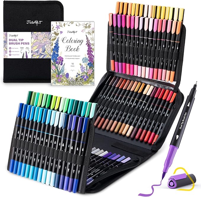 JusArt Markers for Adult Coloring Books No Bleeding, 100 Colors Coloring Markers with Dual Tips, Fine & Brush Pens with Ergonomic Triangle Grip & 33% More Ink, Water-Based Art Drawing Set for Adults
