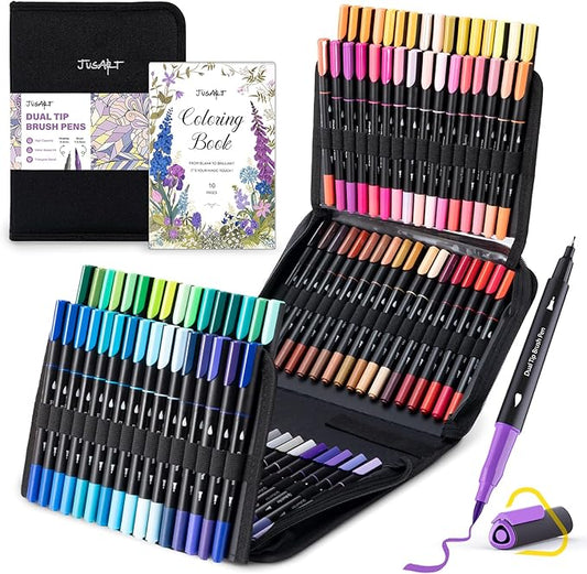 JusArt Markers for Adult Coloring Books No Bleeding, 100 Colors Coloring Markers with Dual Tips, Fine & Brush Pens with Ergonomic Triangle Grip & 33% More Ink, Water-Based Art Drawing Set for Adults