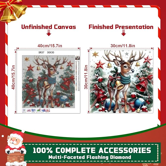EMIEAUFG Christmas Diamond Art Kits for Adults, Christmas Deer Diamond Paiting Kit for Beginners, 5D DIY Round Full Drill Craft Diamond Dot Gem Art, Home Wall Decor 12" x 12"