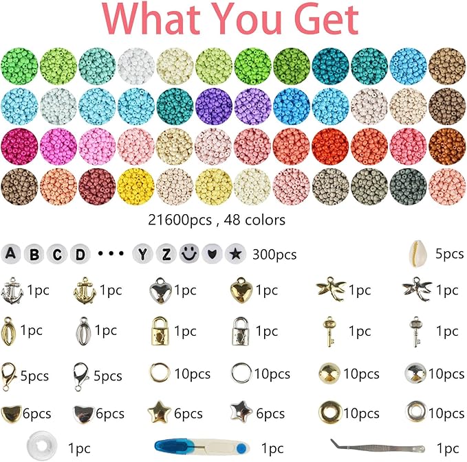 ALIRICH 21600Pcs 3mm Glass Seed Beads for Jewelry Making, 48 Colors Crafts Bead Kit with Letter Smile Face Star Love Heart Beads, Gold Silver Findings Beads for DIY Art Bracelets Necklaces for Women