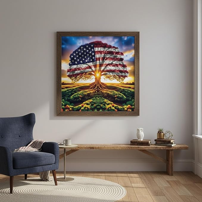KUFWKEY Diamond Painting Kits for Adults,Tree of Life Diamond Painting kit,American Flag Round Diamond Dots for Beginner,Gem Painting,DIY Art and Crafts,Home Wall Decor 14x14 Inch