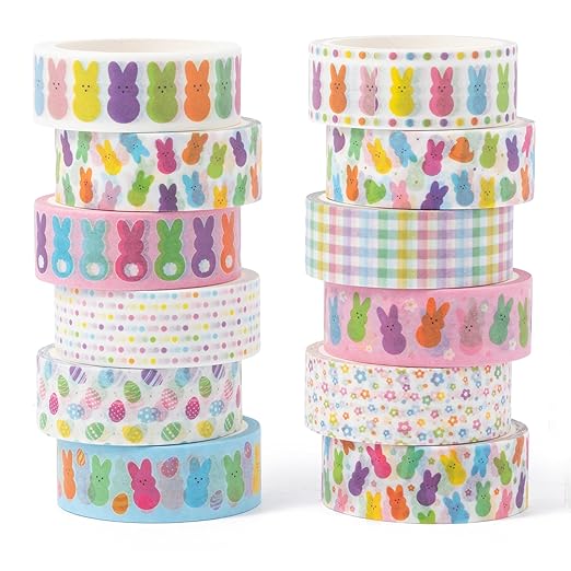 Easter Bunny Washi Tape - 12 Rolls Little Pastel Marshmallow Rabbit Designs, Residue Free, Easy Tear Paper for Spring Scrapbooking, Gift Wrapping, Holiday Card Making & Classroom Crafts
