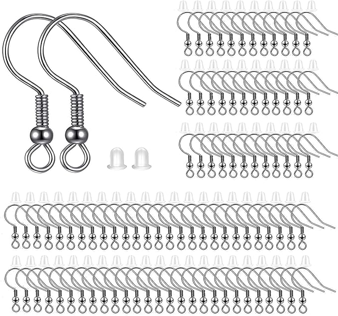 beadnova 300pcs stainless steel earring hooks with rubber backs, silver, elegant, polished, hypoallergenic, diy ear findings supplies