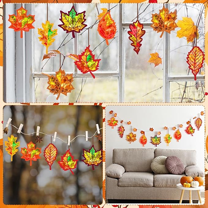 Motipuns 32 Sets Thanksgiving Day Maple Leaf Suncatchers Craft Kits DIY Fall Leaf Tissue Paper Crafts Stained Glass Effect Tissue Paper Kit for Autumn Halloween Window Art