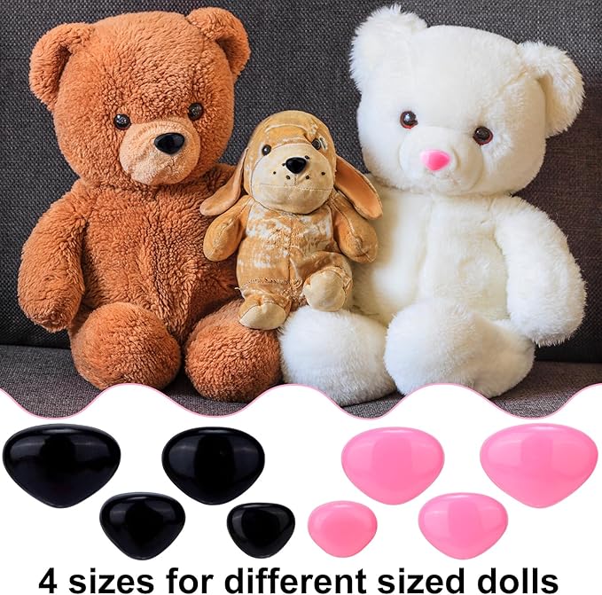 CustomyLife 32pcs Safety Noses for Amigurumi, 4 Sizes Plastic Craft Doll Noses with Washers, Flocking Stuffed Noses for Crochet Puppet Plush Toy Accessories- Black & Pink