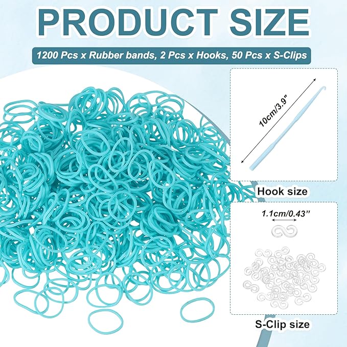 MECCANIXITY 1200 Pcs Loom Rubber Bands Kit with 50 Pcs S-Clips 2-Hooks Rubber Bands Refill Bracelet Making Kits for Weaving DIY Handcrafts Gift, Lake Blue