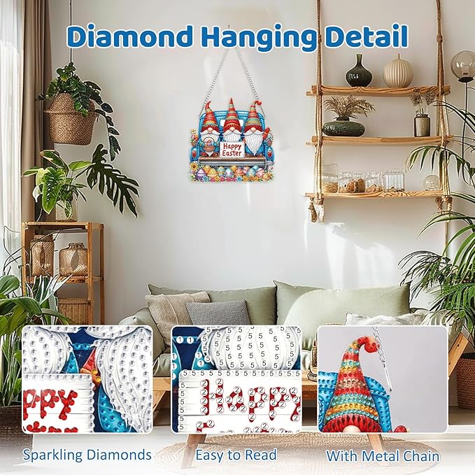 MEIYUDA Gnomes Diamond Art Hanging Kits for Adult, Easter Eggs Diamond Painting Hanging Kits Ornaments, DIY Happy Easter Special Shaped Rhinestone Window Pendants kit for Home Garden Wall Decor Gift
