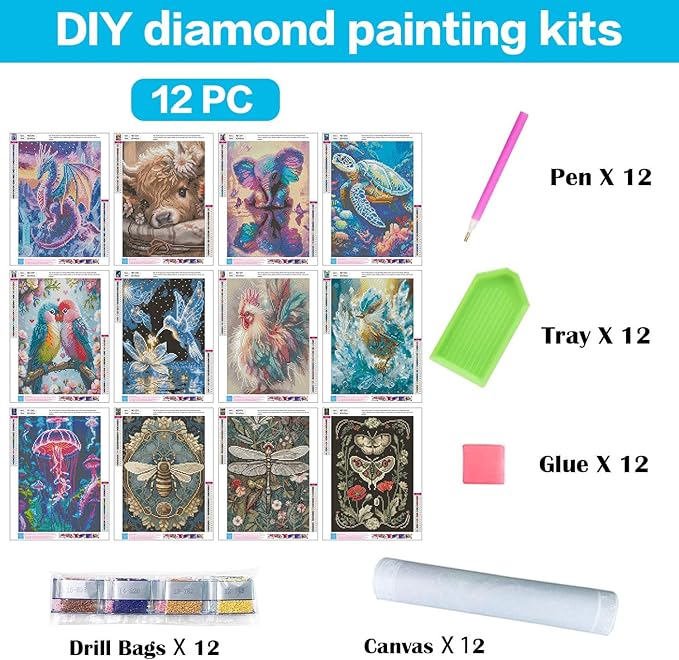 Meothan Multipack Diamond Art Kits for Adults, 12 Pack Animals Diamond Painting Kits for Adults, 5D DIY Round Dimond Gem Art Packs of 12, Home Decor Gift 12x16inch
