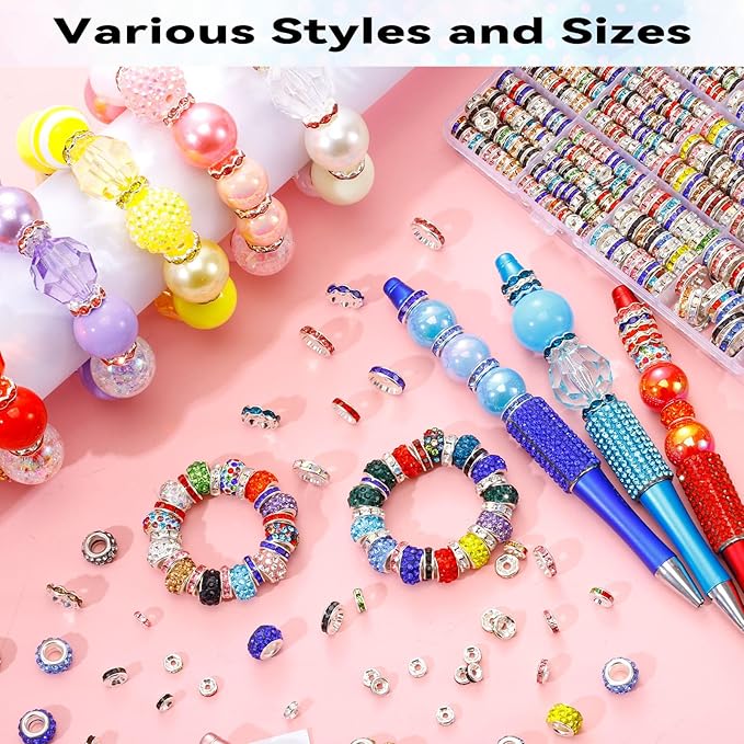 290PCS 6 Styles Rondelle Spacer Beads for Jewelry Making, 6mm, 8mm, 10mm, 11mm, 12mm Rhinestone Spacer Beads for Beaded Pens, Multicolor Crystal Bead Spacers for DIY Crafts