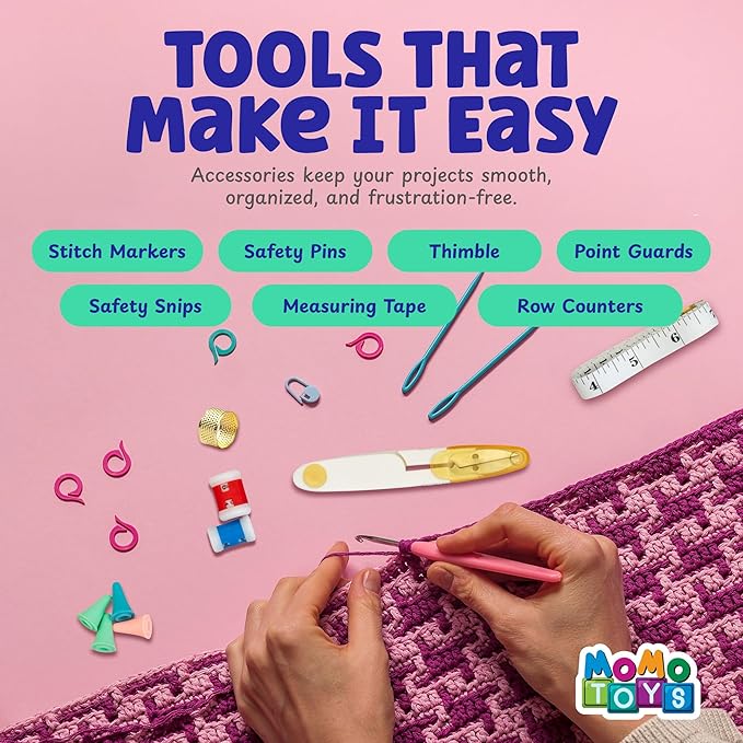 MOMOTOYS Crochet Kit for Beginners, Crochet Hook Set with Yarn Set,Crocheting Kit, 97PCS with Crochet Book and Bag, Crochet Kits for Beginners Adults, Crochet Accessories and Supplies