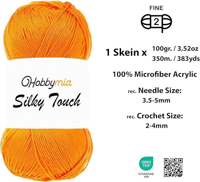 Silky Touch Acrylic Yarn - Soft Sport Weight Yarn for Crochet & Knitting - 100g / 383yds - 100% Microfiber Acrylic - Lightweight Fine Smooth Yarn(Orange - Orange, 1 Skein)