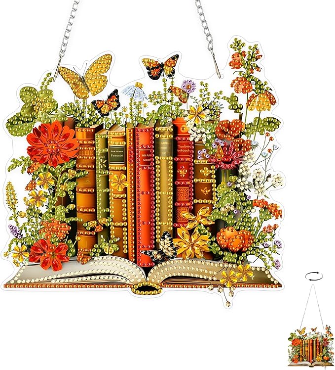 TOSTOG Exquisite Books Diamond Art Pendant Kit for Adult, Orange Diamond Painting Hanging Kit for Beginners, 5D DIY Crafts Gem Art, Waterproof Full Accessories for Home Decor Idea 20 * 20 cm/8 * 8 in