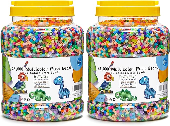 inscraft 2 buckets of fuse beads, 46,000 pcs 5mm iron beads for kids crafts, 30 colors with 6 pegboards, 10 ironing paper, 20 patterns, gifts for birthday christmas, multicolor refill kit