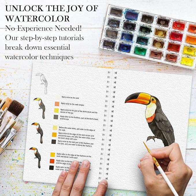 Watercolor Workbook, Watercolor Workbook Paint Book Beginner Friendly, 12 Different Patterns Stress-Relieving Art Crafts for Creative Exploration Gift for Women Adults Teens (Bird, 1)
