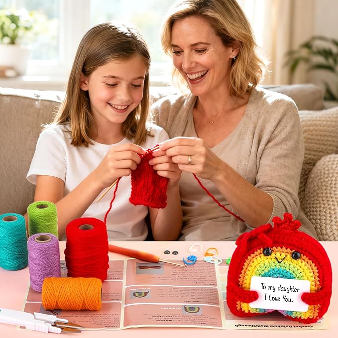 Agantree art Crochet Kit for Beginners Kids Teens Adults Rainbow Crochet Kits with Step-by-Step Video Tutorials, DIY Custom Easter Basket Stuffers Gifts Birthday for Girls Friends Women (40%+ Yarn)