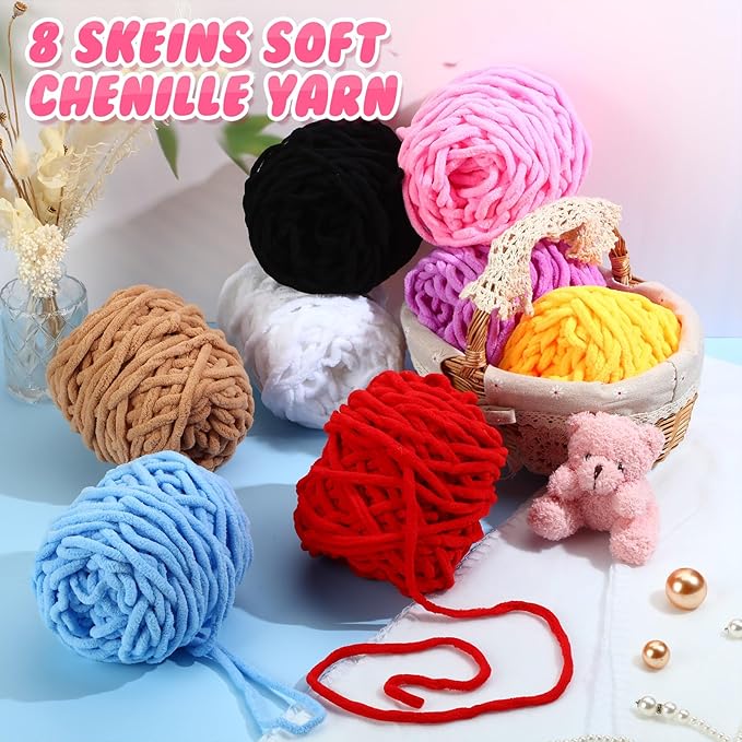 Buryeah 8 Pack Chunky Chenille Yarn for Crocheting Soft Thick Fluffy Yarn for Hand Knitting Bulky Velvet Blanket Plush for Weaving DIY Crafts Each 3.5 oz 55 Yards (Simple Colors)