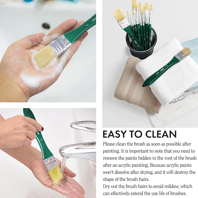 ARTIFY 10 Pieces Paint Brush Set, Intermediate Series, Includes a Carrying Case, Premium Hog Bristle Brushes for Acrylic and Oil Painting (Green - Hog Bristle)