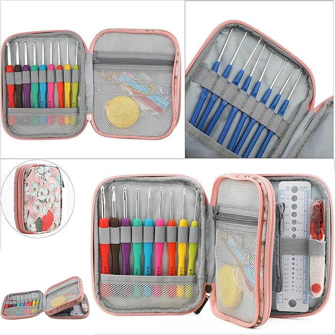 Looen Crochet Hooks Set-Yarn Needles Coloured Aluminum with Storage Case Rubbery Handle Ergonomic Comfort Grip DIY Craft Handmake Kit 47pcs