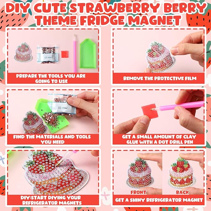 30 Pcs Strawberry Diamond Art Painting Magnets Kits Shortcake Magnetic Fridge Diamond Art Painting Kits Summer Cute Fridge Sticker Magnet 5D DIY Craft for Adult Beginner Gifts Toy Home Office Decor