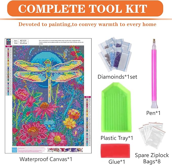 igoodom Diamond Art Kits for Adults, Flowers Dragonflies Diamond Painting Kit, Full Drill Round Diamond Art Kits, DIY Gem Art and Crafts for Home Wall Decor Gift 12x16inch