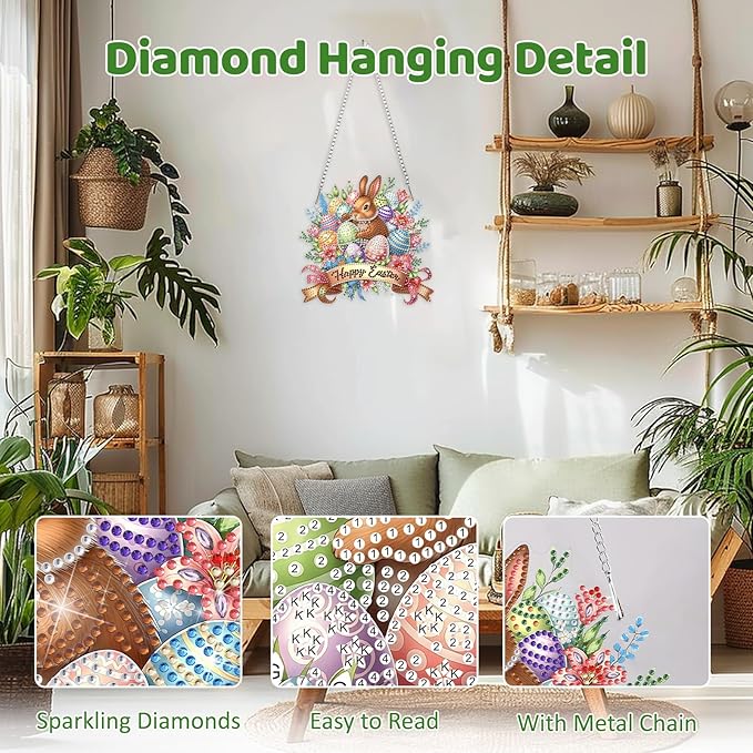 MEIYUDA Easter Bunny Diamond Art Hanging Kits for Adult, Colorful Eggs Diamond Painting Kits Ornaments, DIY Happy Easter Special Shaped Rhinestone Window Pendant for Home Garden Wall Decor Gift